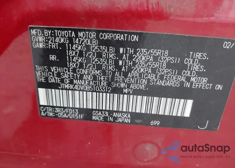 2011 Toyota Rav4 Sport V6 z USA, uszkodzony, nr VIN JTMRK4DV0B5103312